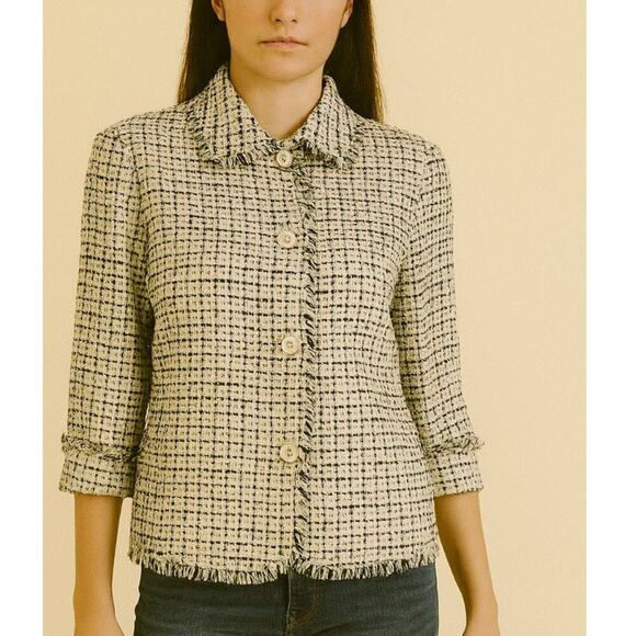 Rafaella Plaid Tweed boucle Blazer Coat Women’s Raw Edge Hem 3/4 Sleeve SZ 10 - Picture 1 of 9